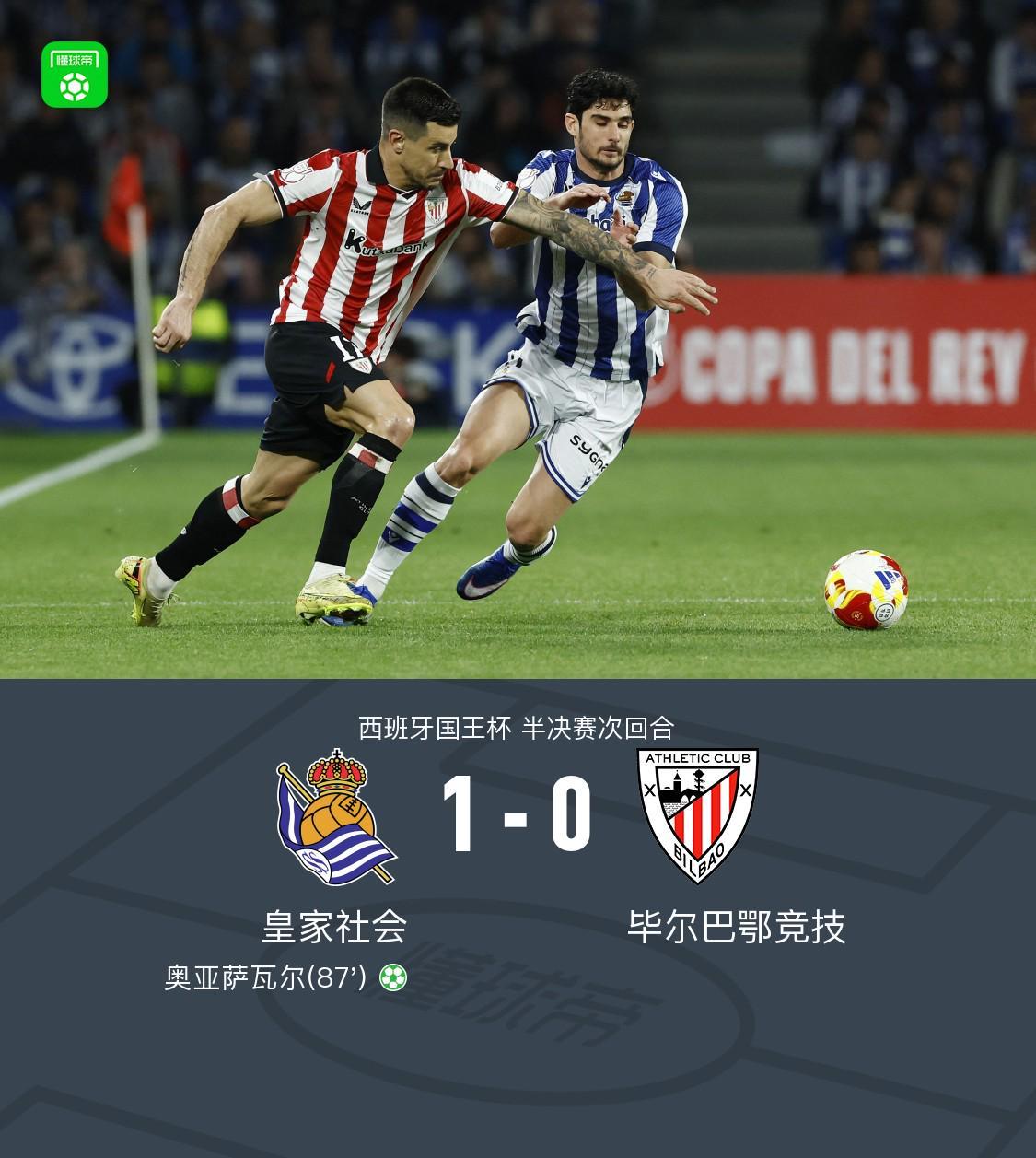 九游官网-国王杯皇家社会两回合2-0毕尔巴鄂竞技闯进决赛，奥亚萨瓦尔点射